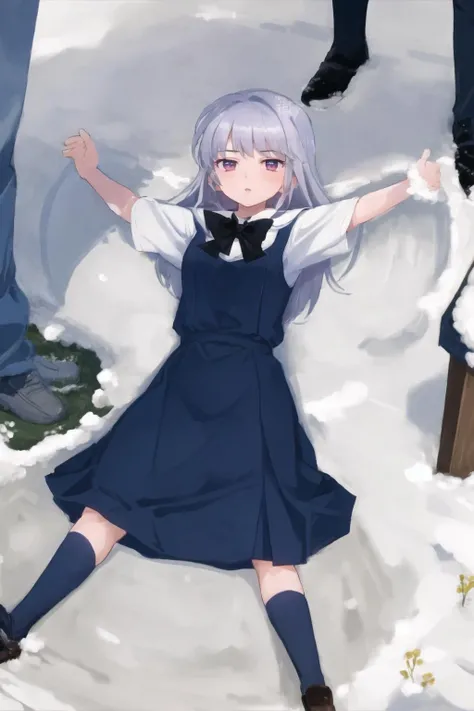masterpiece, best quality, ultra-detailed, snow angel pose, snow angel, snow,  1 girl,   kazami kazuki, silver hair, long hair, purple eyes, school uniform