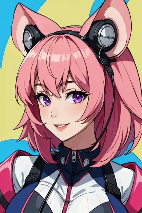 masterpiece, hires,high resolution, best quality,large breasts, mature female, purple eyes, portrait, smile, headphones, mouse ears, pink hair,
 <lora:Headphones for animal ears:1>headphones-for-animal-ears