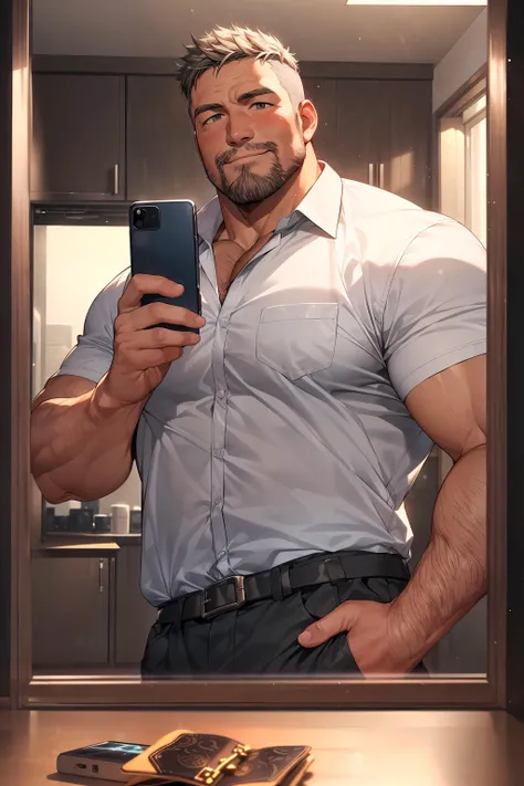 Selfie,
(8K, HDR, best quality, highres, absurdres:1.2), specular lighting, photon mapping, radiosity, physically-based rendering, (establishing shot), (looking away:1.2),
Uniform, [Blush:0.7], slightly frown, [smiling], holding a cellphone,
1daddy, (40 years old), grey hair, beard, muscle, chubby daddy, extremely handsome, bulge,
<lora:add_detail:0.4> <lora:Nijimale-Glimmer:0.6> <lora:AsianMaleRG:0.2>