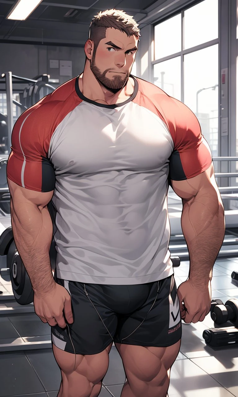 mature male, hard exercise, multicolored hair, full body, looking at another, (nijimale:0.6)<lora:Nijimale-Glimmer:0.8>
