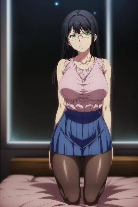 <lora:add_detail:1>, <lora:tangbohu-breasts_2:3>, <lora:tangbohu_blurbg_v2:3>, (ultra detailed 8k cg, high quality, cinematic lighting, cinematic bloom, masterpiece, best quality, ultra detailed background, delicate pattern, intricate detail), clean, flawless, professional artwork, famous artwork, perfect face, beautiful face, beautiful eyes, perfect female body, (((narrow waist, narrow shoulders, tall body height, perfect linea alba))), elegant, symmetry, beautiful, beautiful detailed eyes, gorgeous, gorgeous female, goddess, nsfw, sexy, hot, attractive, charming, alluring, seductive, extremely delicate lips, closed mouth, seductive eyes, erotic, enchanting, perfect skin, clean skin, soft skin, thick thighs, thick ass, thigh gap, sexy hips, sexy waist, collarbone, sweat, aesthetic, 1 girl, solo, (((arms behind back))), (((stunning pose))), looking at viewer, <lora:Yuzuki_Hanyu_World_End-KK77-V1:0.7>, (((night, bedroom, window, city lights, photorealistic night sky, pink shirt, school blue skirt, pantyhose, black framed glasses, green eyes, black hair, bangs, long hair))), (((full body))),