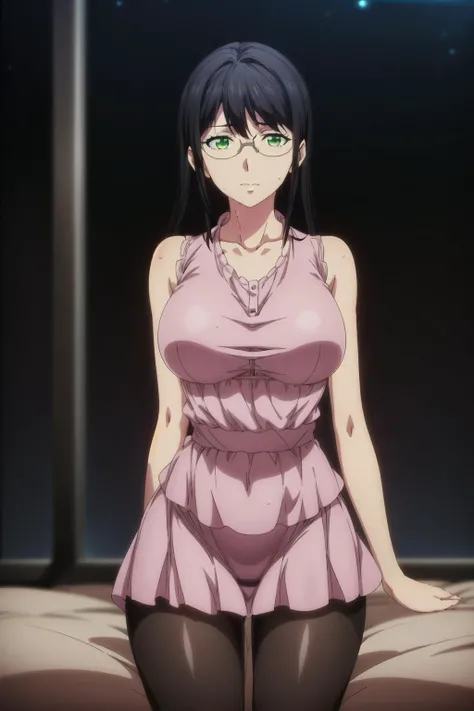 <lora:add_detail:1>, <lora:tangbohu-breasts_2:3>, <lora:tangbohu_blurbg_v2:3>, (ultra detailed 8k cg, high quality, cinematic lighting, cinematic bloom, masterpiece, best quality, ultra detailed background, delicate pattern, intricate detail), clean, flawless, professional artwork, famous artwork, perfect face, beautiful face, beautiful eyes, perfect female body, (((narrow waist, narrow shoulders, tall body height, perfect linea alba))), elegant, symmetry, beautiful, beautiful detailed eyes, gorgeous, gorgeous female, goddess, nsfw, sexy, hot, attractive, charming, alluring, seductive, extremely delicate lips, closed mouth, seductive eyes, erotic, enchanting, perfect skin, clean skin, soft skin, thick thighs, thick ass, thigh gap, sexy hips, sexy waist, collarbone, sweat, aesthetic, 1 girl, solo, (((arms behind back))), (((stunning pose))), looking at viewer, <lora:Yuzuki_Hanyu_World_End-KK77-V1:0.7>, (((night, bedroom, window, city lights, photorealistic night sky, pink shirt, school blue skirt, pantyhose, black framed glasses, green eyes, black hair, bangs, long hair))), (((full body))),