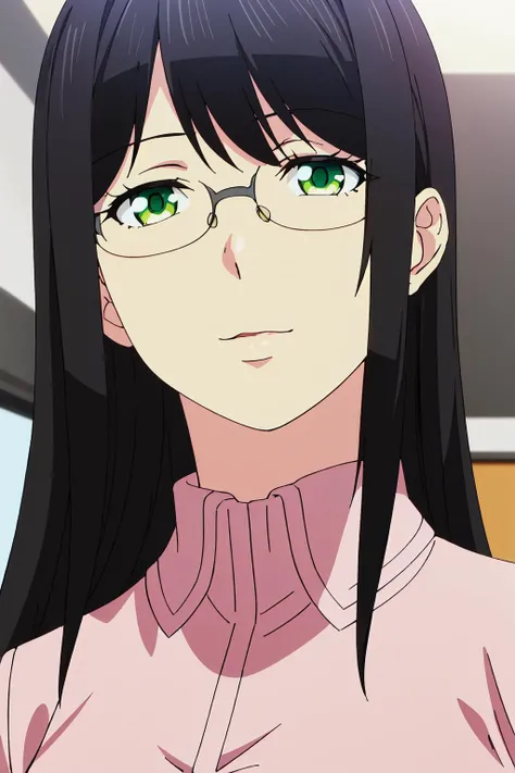 pink shirt ,blue skirt, pantyhose,
<lora:Yuzuki_Hanyu_World_End-KK77-V1:0.7>,black-framed glasses,
green eyes,black hair,bangs,long hair,
1 girl, 20yo,Young female,Beautiful Finger,Beautiful long legs,Beautiful body,Beautiful Nose,Beautiful character design, perfect eyes, perfect face,expressive eyes, looking at viewer, in the center of the image,(light_smile:0.5), official art,extremely detailed CG unity 8k wallpaper, perfect lighting,Colorful, Bright_Front_face_Lighting,shiny skin, (masterpiece:1.0),(best_quality:1.0), ultra high res,4K,ultra-detailed, photography, 8K, HDR, highres, absurdres:1.2, Kodak portra 400, film grain, blurry background, bokeh:1.2, lens flare, (vibrant_color:1.2) (Beautiful,large_Breasts:1.0), (beautiful_face:1.5),(narrow_waist)