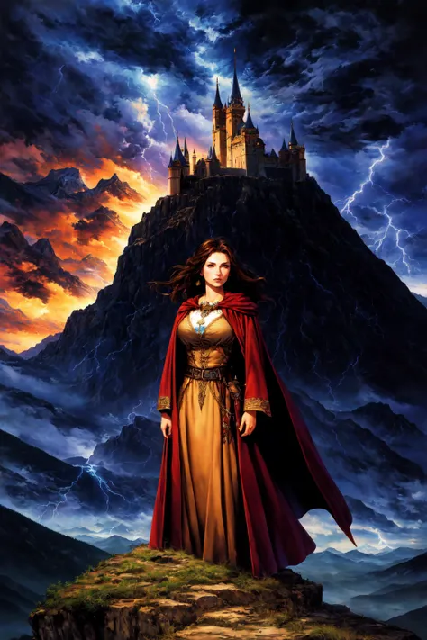 FantasyBookCover Style, 1girl, large breasts, brown hair, cloud, cloak, robe, mountain, fantasy, castle, lightning, four point perspective, masterpiece, official art, <lora:Fantasy_Book_Style:0.5>