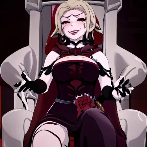 (masterpiece), (high res), 4k, ((best quality)), (absurdes), beautiful face, detailed face, ultra-detailed, <lora:anime_screencap_v2:.3> solo focus, solo, (close-up face shot), facing viewer, 1girl, solo, ((castle, black castle ,evil castle, throne, sitting, plain background:1.2)), hoop earrings, white-skinned female, white colored skin, wide lips, (large lips, black lips), grin, parted lips, eyeshadow, makeup, choker, jewelry, white face tattoo, large intricate hair accessories, ( <lora:Ruby_RWBY_v1:.7> Ruby_RWBY, red eyes, cape, (black cape) hood, white sleeves, rose, (white corset:1.2), (long dress), multicolored hair, short hair), (<lora:ColoredLipstick:1> (lipstick, red lipstick)),<lora:fakelips_1:1> fakelips, huge lips, lip filler, corruption, empty eyes, evil smile, evil grin,<lora:dark_persona_v1:1> dark_persona_lora <lora:corruption1e-4:1> pale skin, very pale skin, <lora:rwby salem:.7> salem \(rwby\) ((cracked skin)) bone spikes,
