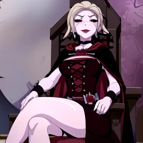 (masterpiece), (high res), 4k, ((best quality)), (absurdes), beautiful face, detailed face, ultra-detailed, <lora:anime_screencap_v2:.3> solo focus, solo, (close-up face shot), facing viewer, 1girl, solo, ((castle, black castle ,evil castle, throne, sitting, plain background:1.2)), hoop earrings, white-skinned female, white colored skin, wide lips, (large lips, black lips), grin, parted lips, eyeshadow, makeup, choker, jewelry, white face tattoo, large intricate hair accessories, ( <lora:Ruby_RWBY_v1:.7> Ruby_RWBY, red eyes, cape, (black cape) hood, white sleeves, rose, (white corset:1.2), white dress, (long dress), multicolored hair, short hair), (<lora:ColoredLipstick:1> (lipstick, red lipstick)),<lora:fakelips_1:1> fakelips, huge lips, lip filler, corruption, empty eyes, evil smile, evil grin,<lora:dark_persona_v1:1> dark_persona_lora <lora:corruption1e-4:1> pale skin, very pale skin, <lora:rwby salem:.7> salem \(rwby\) ((cracked skin)) bone spikes,