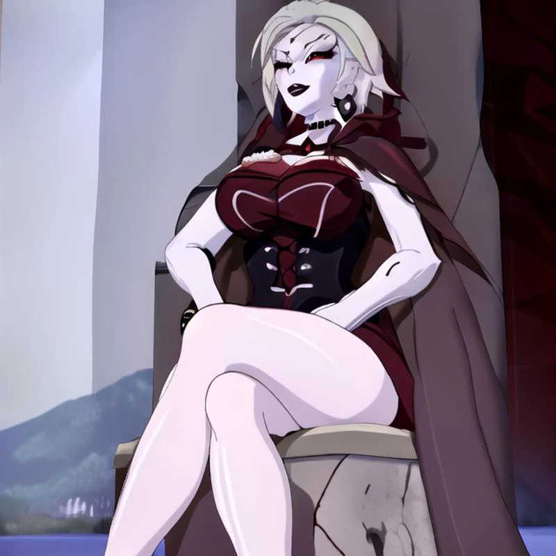 (masterpiece), (high res), 4k, ((best quality)), (absurdes), beautiful face, detailed face, ultra-detailed, <lora:anime_screencap_v2:.3> solo focus, solo, (close-up face shot), facing viewer, 1girl, solo, ((castle, black castle ,evil castle, throne, sitting, plain background:1.2)), hoop earrings, white-skinned female, white colored skin, wide lips, (large lips, black lips), grin, parted lips, eyeshadow, makeup, choker, jewelry, white face tattoo, large intricate hair accessories, ( <lora:Ruby_RWBY_v1:.7> Ruby_RWBY, red eyes, cape, (black cape) hood, white sleeves, rose, (white corset:1.2), white dress, (long dress), multicolored hair, short hair), (<lora:ColoredLipstick:1> (lipstick, red lipstick)),<lora:fakelips_1:1> fakelips, huge lips, lip filler, corruption, empty eyes, evil smile, evil grin,<lora:dark_persona_v1:1> dark_persona_lora <lora:corruption1e-4:1> pale skin, very pale skin, <lora:rwby salem:.7> salem \(rwby\) ((cracked skin)) bone spikes, <lora:AnnonBimboLoraAttemptTwo:1>