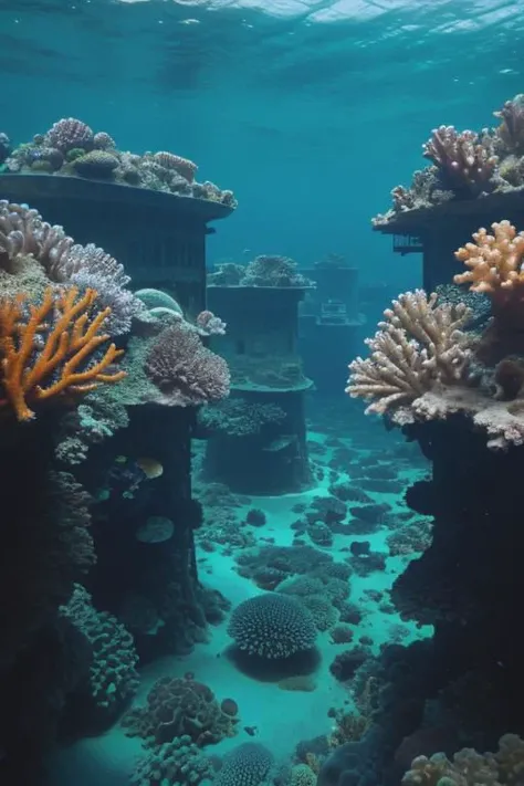 A submerged city beneath the ocean's depths, its structures adorned with bioluminescent coral, while diverse aquatic life thrives in a mesmerizing, luminescent aquatic metropolis
