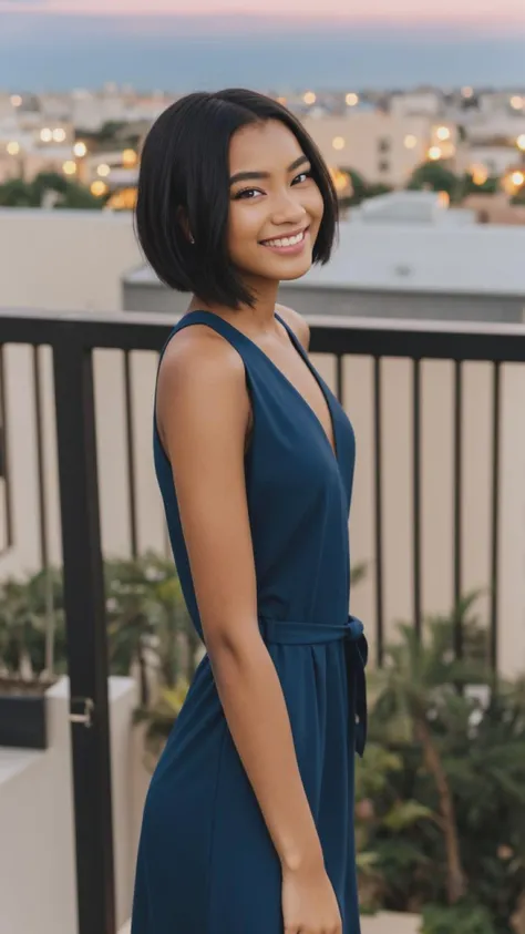 Beautiful african girl, wearing high-quality modern dress, on a balcony with a beautiful nightscape background, beautiful smile on her face, short black hair, tall height, looking into the camera, very fair skin tone, photo captured with Canon EOS R5 camera with an 85mm f/1.4 prime lens