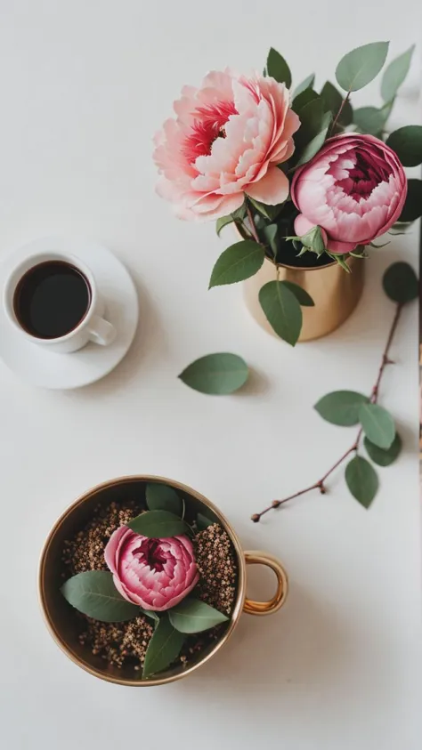 Soft pink roses, white Chinese peony, tiny apple blossom flowers, eucalyptus leaves, twigs of cranberries, twigs of copper pepper berries all arrangement into a cute beautiful flowers arrangement on a pink nickel mug. The mug is sitting on a thick white book with golden cover image design. Sunny, bright image. Ad copy, huge copy space on top of the image, negative space, hd, 8k, blurry dreamy background, beautiful pictures. Product