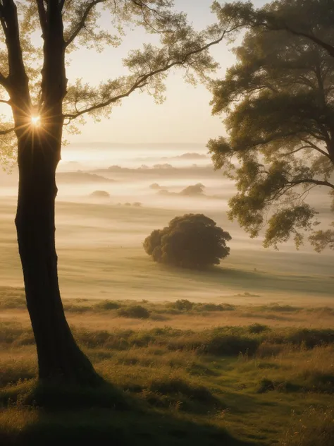 A misty morning over rolling hills, dew-kissed grass glistening in the soft dawn light, a serene and picturesque vista, captured in an art style reminiscent of 35mm film (ethereal ambiance:0.9, atmospheric depth:0.7).