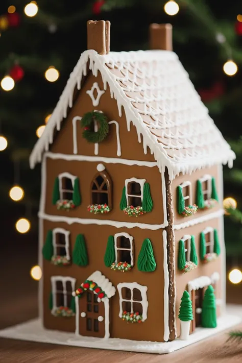 Inside a gingerbread house, miniature creatures exchange tiny gifts. Macro shots showcase the intricate icing details and miniature decorations.
