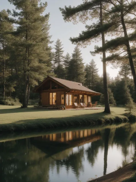 A serene lakeside cabin, nestled amidst emerald pine trees, a tranquil haven amidst nature's embrace, photographed using natural lighting techniques (serenity:0.8, nature's beauty:0.7).