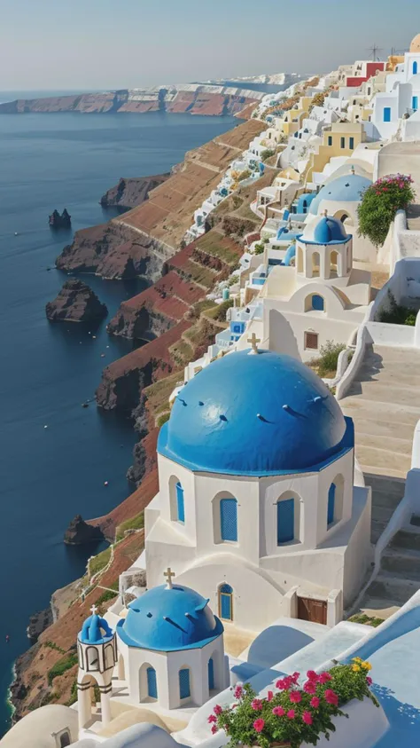 landscape, photography, Santorini, blue dome, flower, church, city, cliff, dawn, epic, cinematic, cliff, ocean, ornate, realistic