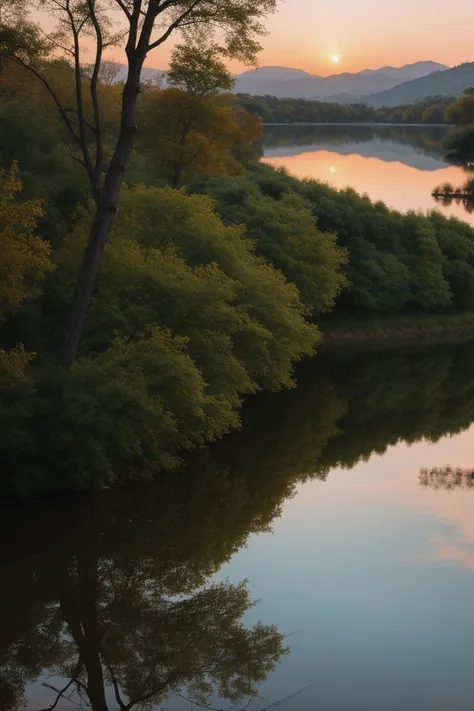 A serene lakeside landscape, reflecting the intricate details of surrounding trees and distant mountains on its glassy surface, bathed in the soft hues of a pastel sunset. (((serene lakeside))) (((reflective glassy surface))) (((pastel sunset hues))).
