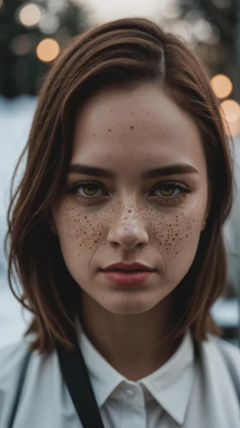 cinematic photo (art by Mathias Goeritz:0.9) , photograph, Lush Girlfriend, Tax collector, Rich ginger hair, Winter, tilt shift, Horror, specular lighting, film grain, Samsung Galaxy, F/5, (cinematic still:1.2), freckles . 35mm photograph, film, bokeh, professional, 4k, highly detailed, detailed eyes, (hydrocolor lens, detailed iris)