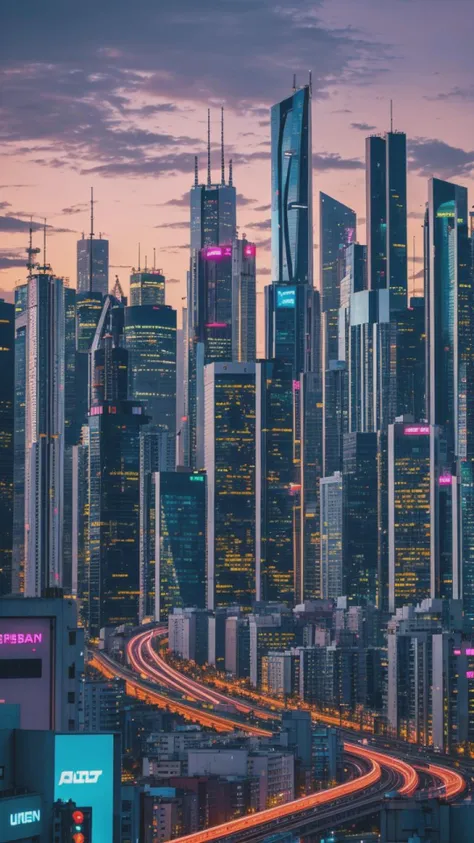 Urban Development with Modern High-rise Buildings bustling with activity under a vibrant sunset sky amidst a futuristic cityscape, illuminated by neon lights, inspired by H.R. Giger, surreal cyberpunk