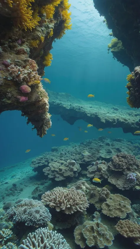 A submerged city beneath the ocean's depths, its structures adorned with bioluminescent coral, while diverse aquatic life thrives in a mesmerizing, luminescent aquatic metropolis