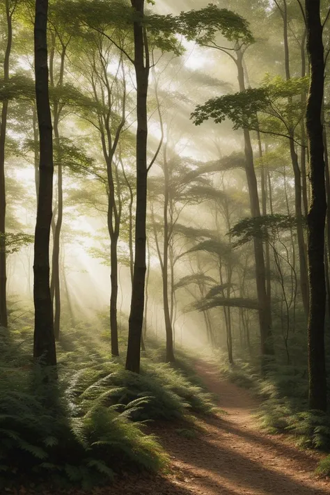 A striking portrait-style portrayal of a dense, mist-covered forest, capturing the ethereal beauty of sunlight filtering through the canopy, illuminating the rich textures of foliage and bark. (((mist-covered forest))) (((ethereal sunlight))) (((rich foliage textures))).