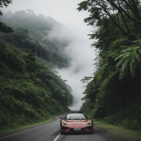 A sleek sports car with a ral-amber finish speeding through a rainforest, droplets creating a misty haze around the glistening vegetation, shot with a Canon EOS R5 for a vivid, cinematic effect <lora:ral-amber-sdxl:1> <lora:EnvyBetterHiresFixXL01:0:hr=1>