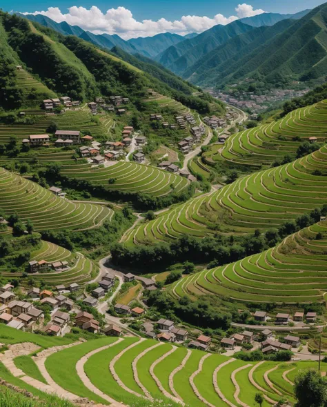 A detailed panorama of a village nestled in a valley, each terraced field and winding path capturing the laborious yet picturesque rural life against a backdrop of towering mountains (mountainous backdrop:0.9, terraced fields:0.8, detailed valley:0.7).
