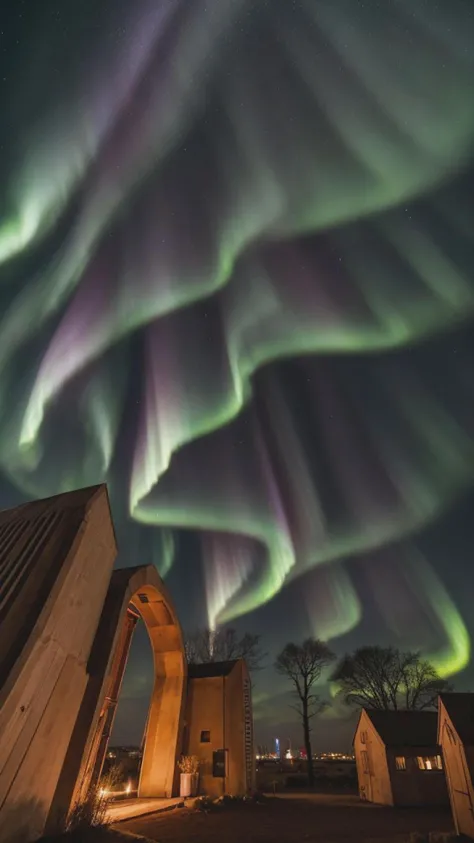 A cosmic cityscape on a distant planet, where aurora-like energy phenomena swirl amidst colossal, organic structures, casting vibrant hues across a technologically advanced metropolis