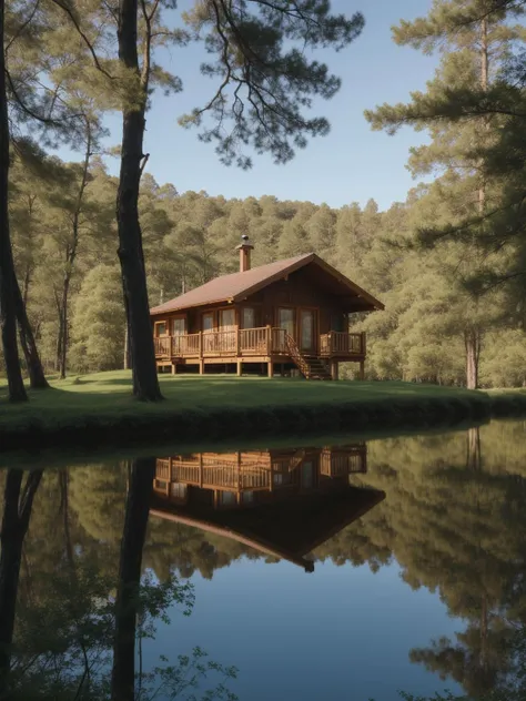 A serene lakeside cabin, nestled amidst emerald pine trees, a tranquil haven amidst nature's embrace, photographed using natural lighting techniques (serenity:0.8, nature's beauty:0.7).