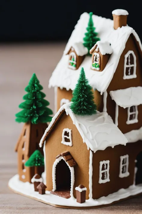 Inside a gingerbread house, miniature creatures exchange tiny gifts. Macro shots showcase the intricate icing details and miniature decorations.