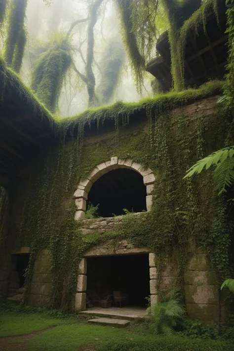 A portrait of an ancient, moss-covered ruin nestled within a lush, overgrown jungle, every weathered stone and verdant leaf captured in stunning, hyper-realistic detail. (((moss-covered ruin))) (((overgrown jungle))) (((weathered stones))) (((verdant leaves))).