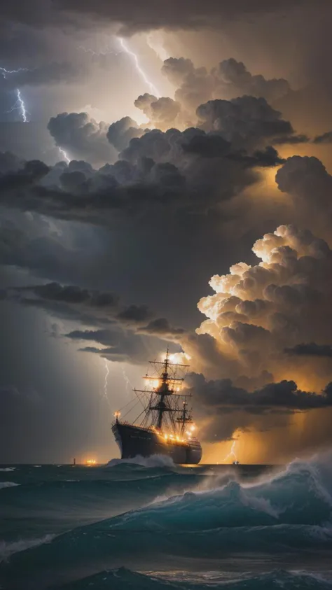 landscape, ship, night, strobist, close up vew, stormy ocean, storm, waves, wind, spray, hurricane, lightning, downpour, thunderclouds, by Aivazovsky, dark scene, inricate details