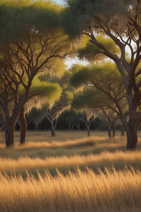A portrait-style depiction of a vast, sunlit savannah showcasing the intricate textures of golden grasses and distant acacia trees, all bathed in the warm hues of a late afternoon. (((sunlit savannah))) (((golden grass textures))) (((distant acacia trees))) (((late afternoon hues))).