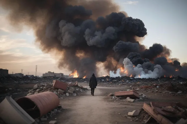 A desolate wasteland stretches endlessly, once-thriving cities now reduced to rubble, billowing smoke towering in the distance, as a lone figure navigates through the debris, surrounded by a haunting silence. (((desolate wasteland))) (((rubble))) (((billowing smoke))) (((lone figure))).