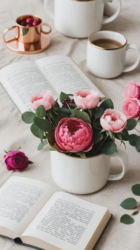 Soft pink roses, white Chinese peony, tiny apple blossom flowers, eucalyptus leaves, twigs of cranberries, twigs of copper pepper berries all arrangement into a cute beautiful flowers arrangement on a pink nickel mug. The mug is sitting on a thick white book with golden cover image design. Sunny, bright image. Ad copy, huge copy space on top of the image, negative space, hd, 8k, blurry dreamy background, beautiful pictures. Product