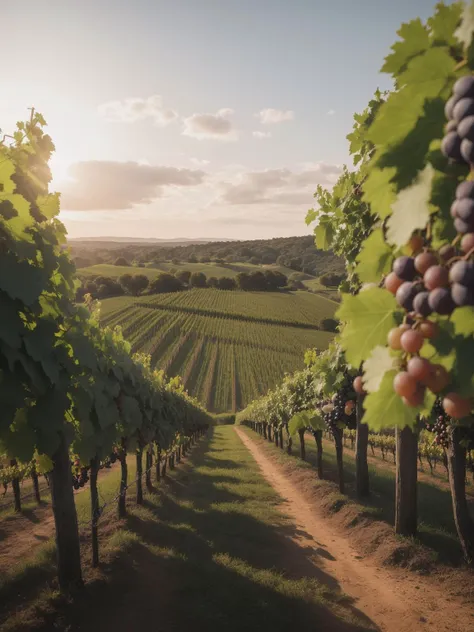 A sun-kissed vineyard, rows of ripening grapes under gentle rays, casting an amber hue over the landscape, captured in a cinematic frame, accentuated by 8K resolution, using a Canon50 lens for ultradetailed portrayal (realistic textures:0.8, vibrant colors:0.7).