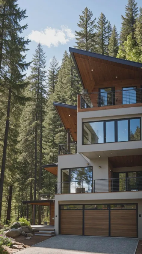 photo of a small cozy modern house in red woods on a mountain, solar panels, garage, driveway, great view, sunshine