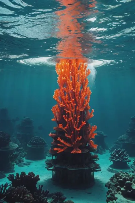 A submerged city beneath the ocean's depths, its structures adorned with bioluminescent coral, while diverse aquatic life thrives in a mesmerizing, luminescent aquatic metropolis