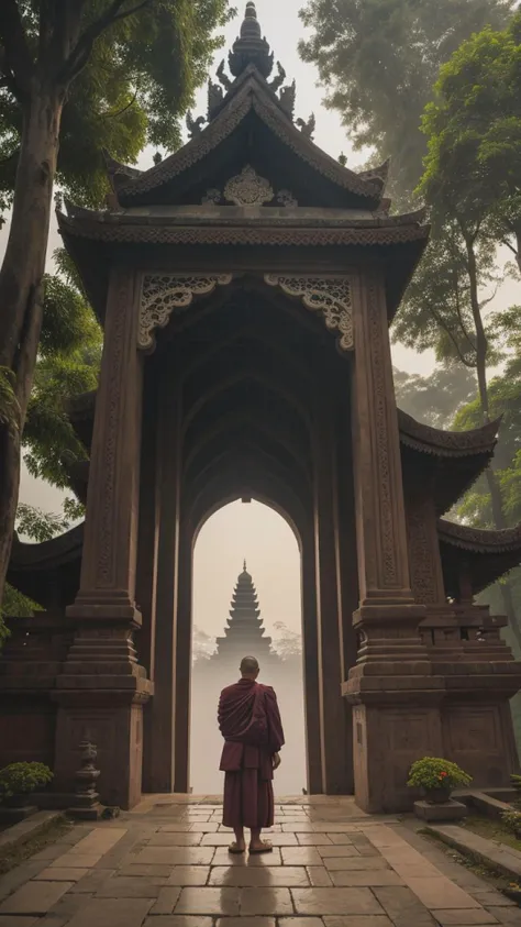 landscape, a monk in front of candijateng at dawn, epic, fog, temple stone, ornament, ornate, details, forest, dim light, mountain