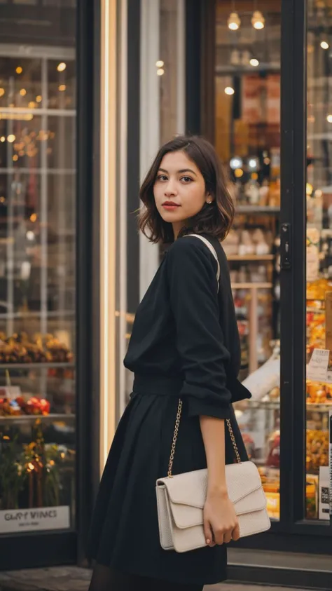 Street photography photo of a stylish French girl,(hydrocolor lens, clear detailed iris), big eyes, beautifull eyes with short hair, capturing her reflection in a storefront while window-shopping, upper body framing, on a quaint Parisian street, with neon lighting from shop signs, shot from a high angle, on a Sony A7111, with a (bokeh effect:1.3),(in the style of Garry Winograd:1.4)