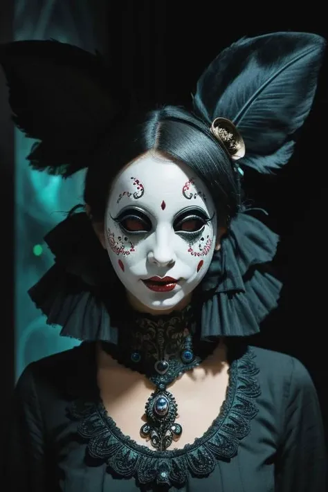 In a dreamlike dimension, a Scary "Carnival Sprite" fluttersan intricately detailed creature with skin resembling carnival masks, oscillating between eerie horror and whimsical charm. (((intricate skin))) (((dreamlike dimension))) (((carnival-inspired))) (((eerie-charming fusion))).
