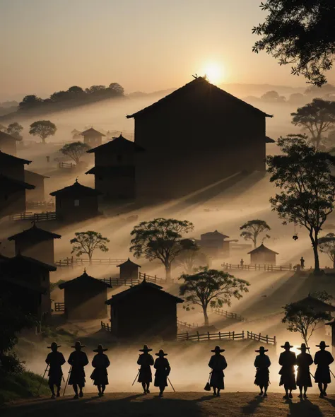 A village at dawn, the intricate play of light and shadow casting detailed silhouettes of villagers going about their early morning tasks, evoking the calmness of the waking village (dawn tranquility:0.9, morning silhouettes:0.8, detailed lighting:0.7).