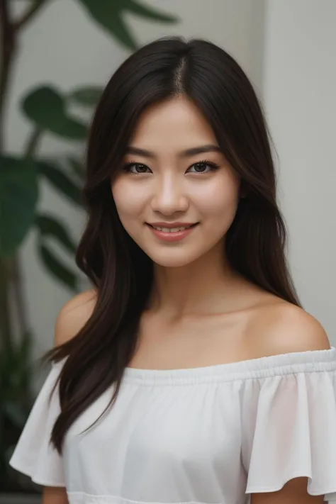 portrait photograph, woman look front, off-shoulder top, shy smile, sharp focus, soft lighting, (high detailed skin:1.1)