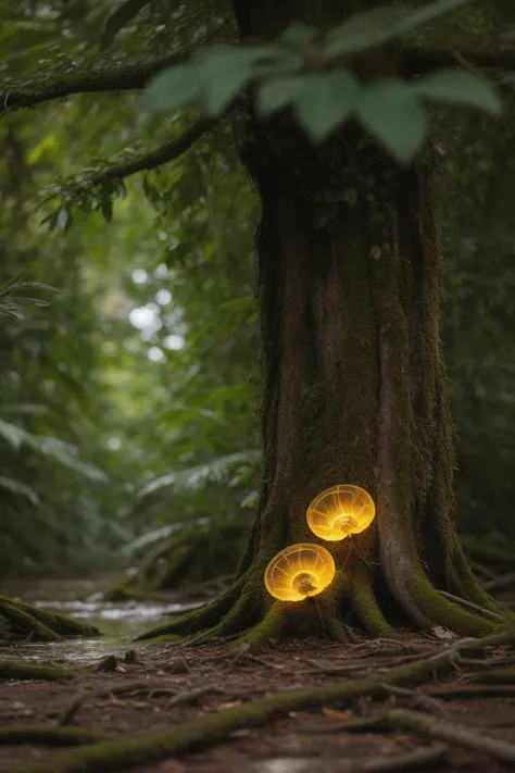 Number "404" made by fungi like ((transparent)) orange jelly-fishes growing randomly on a rotten tree trunk in a rain forest, (luminescence:0.1), racking morning light, misty rain, documentary movie shot, ((macro)) sharp focus