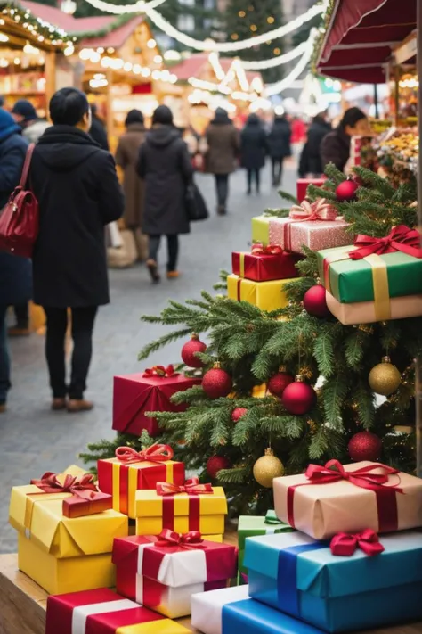 Amidst a bustling Christmas market, vendors trade unique, detailed gifts captured in macro shots, emphasizing intricate craftsmanship and vibrant colors.