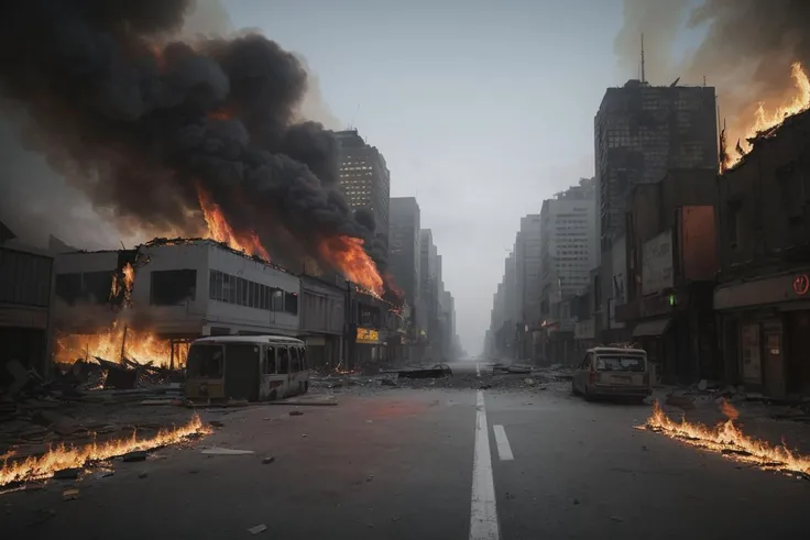 A decimated city engulfed in darkness, its once vibrant streets now empty and desolate, illuminated only by flickering flames and the distant glow of destruction, a grim reminder of what once thrived. (((decimated city))) (((darkness))) (((empty streets))) (((flickering flames))).