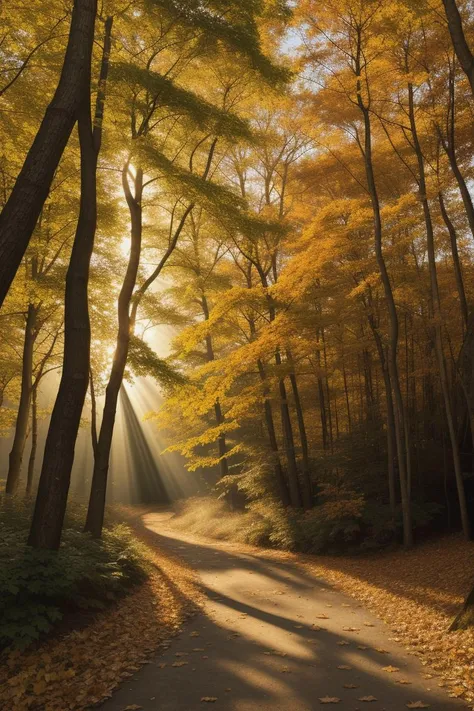 A serene portrait-style depiction of a tranquil, autumnal forest showcasing the intricate details of fallen leaves and sunbeams filtering through colorful foliage, capturing the essence of the season. (((autumnal forest))) (((fallen leaves))) (((sunbeams through foliage))).