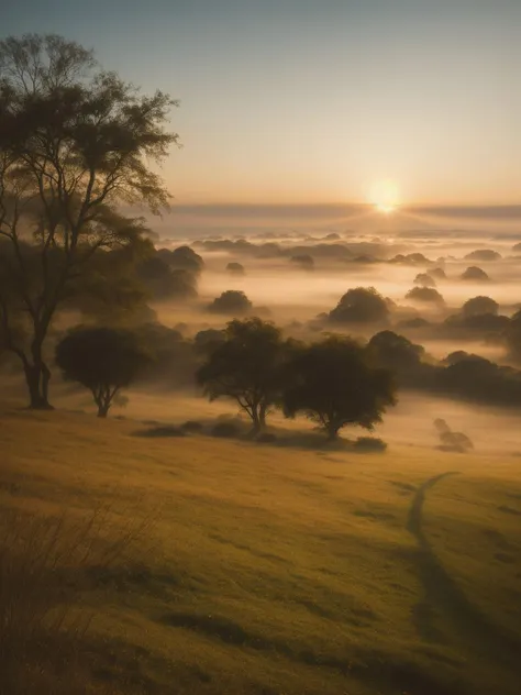 A misty morning over rolling hills, dew-kissed grass glistening in the soft dawn light, a serene and picturesque vista, captured in an art style reminiscent of 35mm film (ethereal ambiance:0.9, atmospheric depth:0.7).