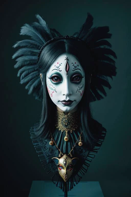 In a dreamlike dimension, a Scary "Carnival Sprite" fluttersan intricately detailed creature with skin resembling carnival masks, oscillating between eerie horror and whimsical charm. (((intricate skin))) (((dreamlike dimension))) (((carnival-inspired))) (((eerie-charming fusion))).