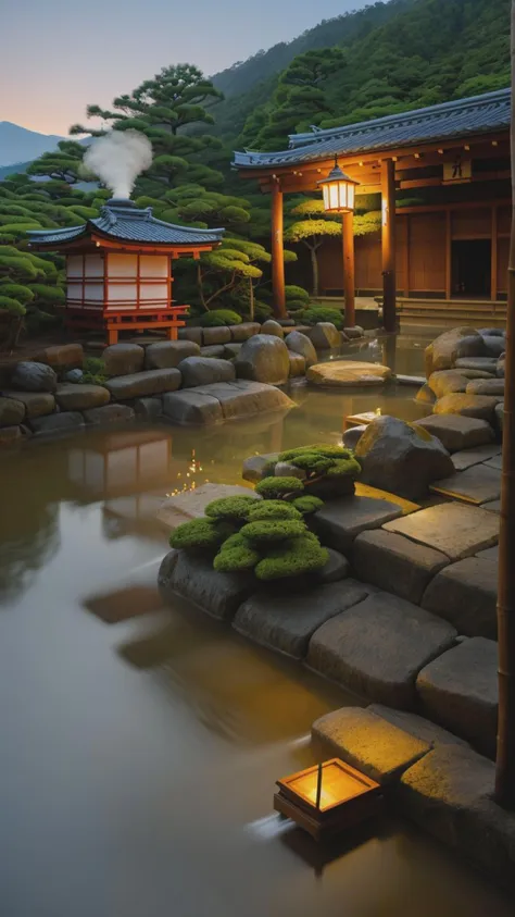 landscape, japan traditional hot onsen, dawn, dim light, detail, realistic, ((masterpiece)), hot steam, torii, wooden bucket, forest, bamboo