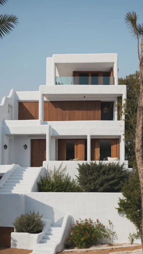 exterior frontal perspective shot of resort villa inspired by Mykonos architecture, sea view visualization, white and blue colours mood, moody lighting, high quality, 8k, real, high resolution photography
