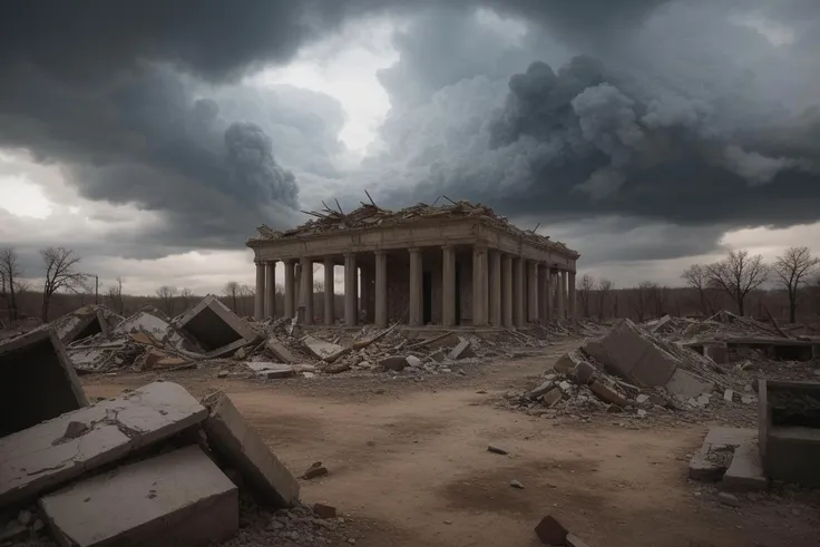 A post-apocalyptic wilderness, scarred by destruction, where crumbling monuments stand as ghostly reminders of the world that once was, while sinister clouds gather overhead. (((post-apocalyptic wilderness))) (((scarred destruction))) (((crumbling monuments))) (((sinister gathering clouds))).